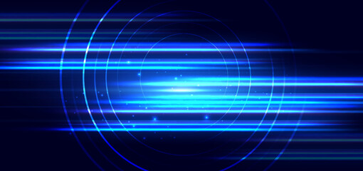 Abstract blue circles lines and blue beam horizontal on dark blue background. Speed motion moving movement concept.