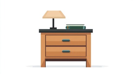 Fototapeta premium Nightstand with two drawers, books, and lamp, simplistic vector art on white background