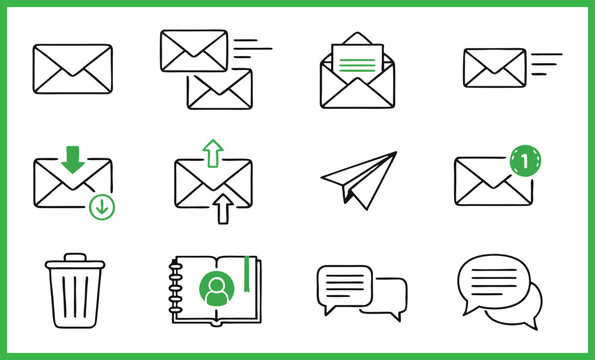 Email, mail, and envelope icons set for web communication design
