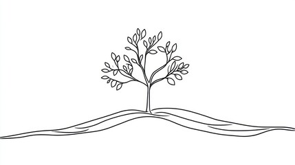 Simple line art drawing of a young tree on a hill