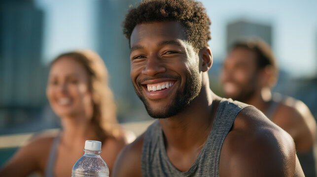 Fitness group enjoying water break after outdoor exercise