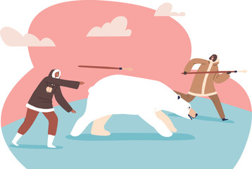 Eskimo hunters with weapon vector illustration