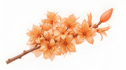 Branch of outline tropical Butea or forest flame or bastard teak tree flower bunch and bud in pastel orange isolated on white background.