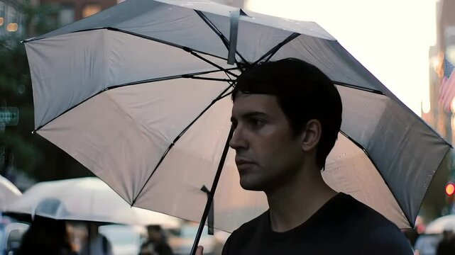 Man Walking with Umbrella in Rainy City Street on a Cloudy Day Urban Scene