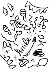 Abstract doodles with various symbols and handwritten phrases on paper  