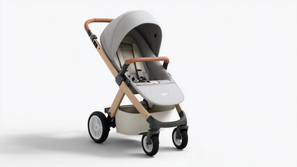 A modern baby stroller with a minimalist design, photographed on a pure white background, sharp lighting highlighting contours and features, clean product presentation.