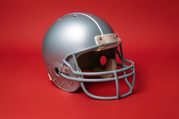 Fototapeta premium 3D silver football helmet with faceguard on red background.