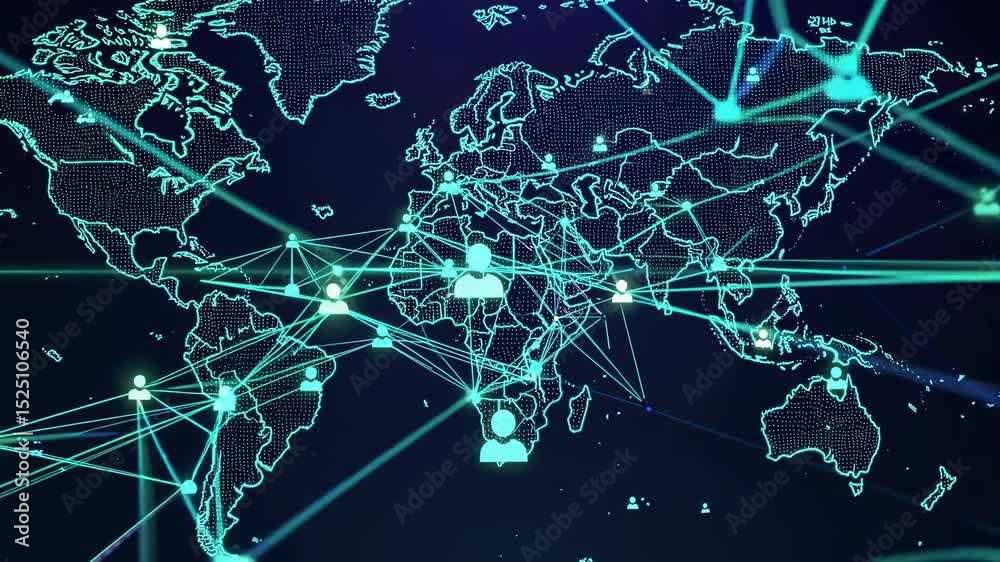 Poster global network visualization showcasing digital connections across continents and regions