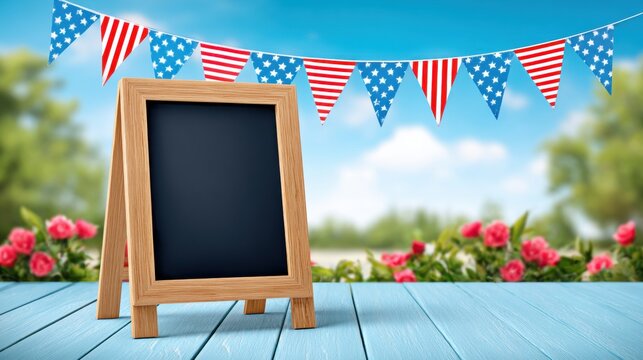 Festive Hot Dog Stand with Blank Menu Chalkboard for July 4th Celebration Mockup
