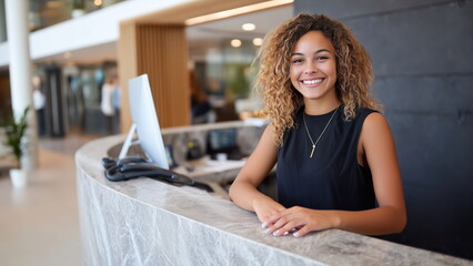 Cheerful black young female receptionist smiling warmly while standing behind a reception desk in a bright modern office, computer and phone visible.