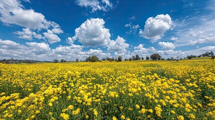 Obraz premium Vast yellow flower field under bright blue sky with fluffy white clouds on a sunny spring day landscape