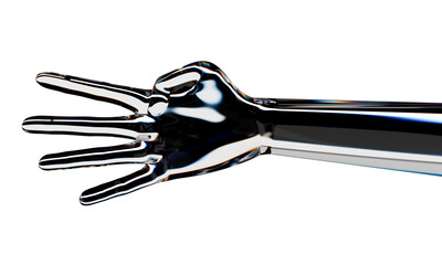 Glass android hand showing four fingers. Isolated AI or automated concept. 3d rendering