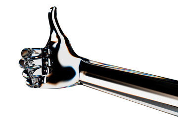 Glass android hand showing thumb up or like gesture. Isolated AI or automated concept. 3d rendering
