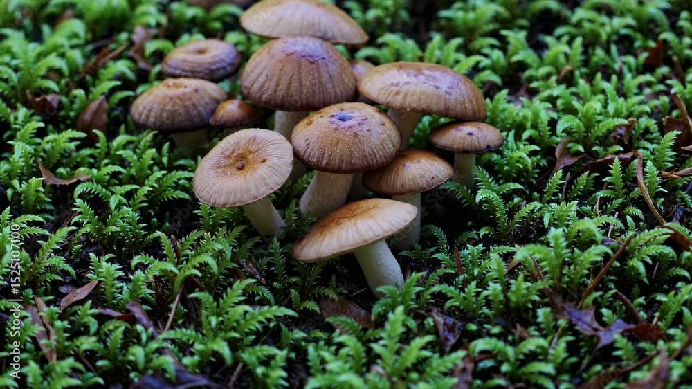 Poster discovering unique mushroom clusters thriving among vibrant green ferns in a forest setting during e