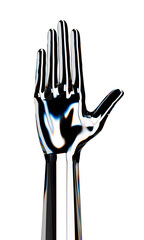 Reflection glass android hand stop gesture. Isolated AI or automated concept. 3d rendering