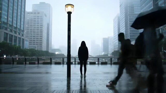 Woman Waiting with Umbrella in Rainy City Street Surrounded by Skyscrapers