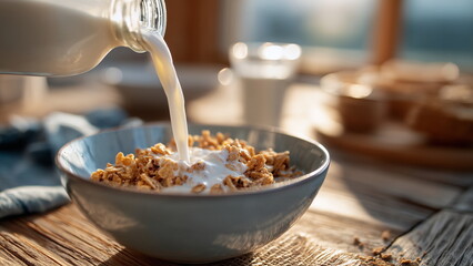 Fresh milk being poured smoothly from a carton into a bowl of whole grain cereal on a rustic breakfast table, morning sunlight streaming in, wholesome and nutritious.