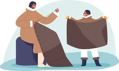 Eskimo mother daughter sewing clothes