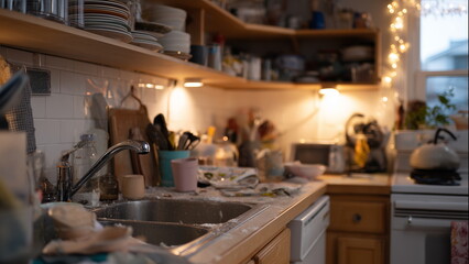 Dirty and messy kitchen scene showing a sink full of dirty dishes, countertops cluttered with spilled flour, food and cooking utensils, warm lighting highlighting everyday mess and activity.
