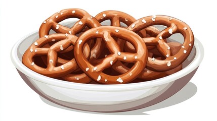 Bowl of salted baked pretzels, golden brown with white salt crystals on top