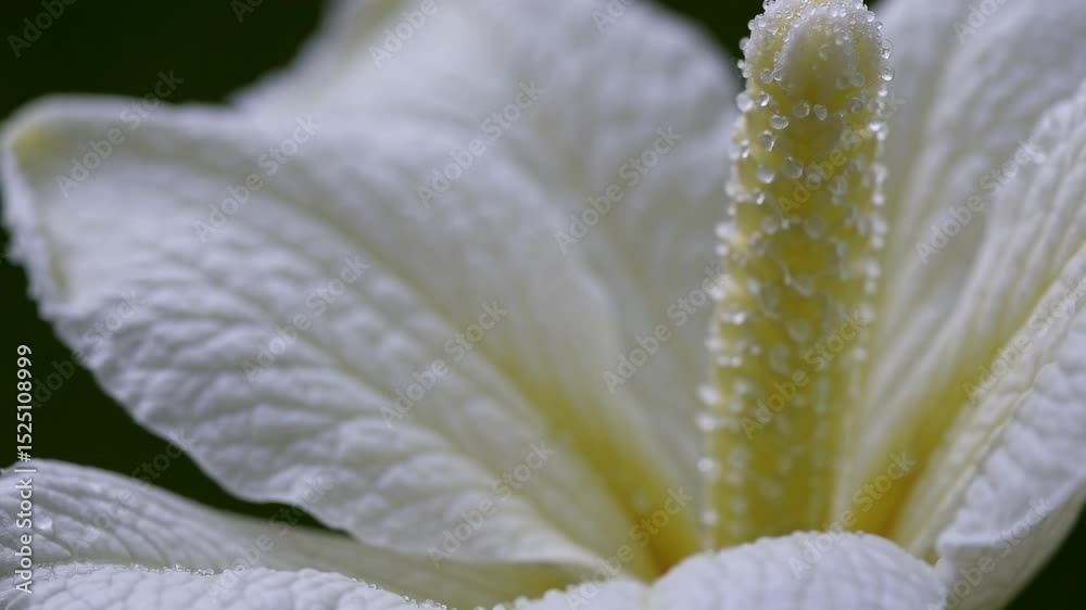 Poster close-up view of a white flower with intricate details on its petals and stamen in a lush garden set
