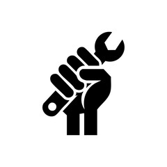 Fototapeta premium Vector icon of a clenched hand gripping a wrench, symbolizing labor and repair.