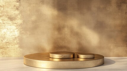 3D Gold podium with gold stage product display. Minimal scene for mockup products, stage showcase, promotion display, 3D render.