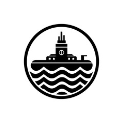 Fototapeta premium Circular vector logo showing a submarine emerging above ocean waves.