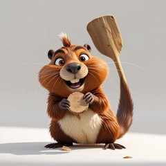 Happy beaver with a piece of wood close view 3D illustration
