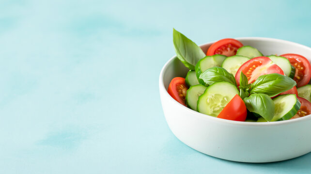 A bright, fresh vegetable salad in a white ceramic bowl photographed against a light turquoise blue background .