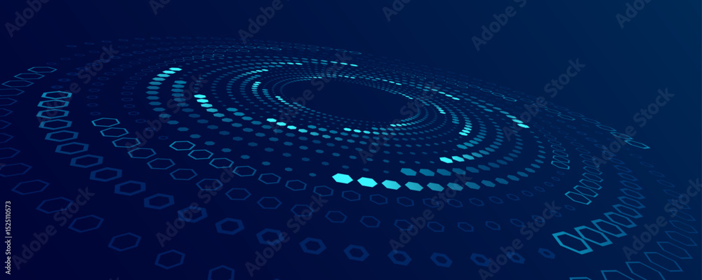 Poster futuristic blue digital technology background with glowing hexagonal patterns arranged in concentric