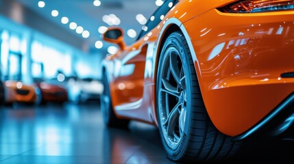 Close-up of luxury orange car in modern showroom