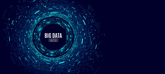Futuristic circular big data visualization on a dark blue background. Abstract digital technology design with geometric shapes and glowing elements for scientific research presentation. Vector.