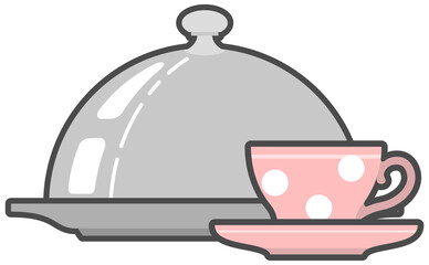 Flat illustration of cloche for meal with transparency. Breakfast under dome isolated on transparent background, front view. Design element for hotel meal, restaurant, breakfast in bed, catering