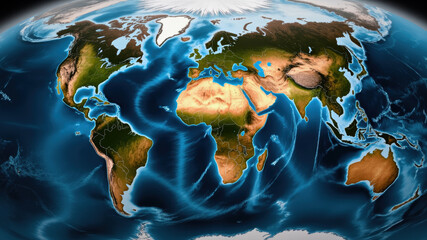 A vivid representation of Earth's geography with all continents and surrounding oceans highlighted against a backdrop of swirling clouds, captured during daylight hours