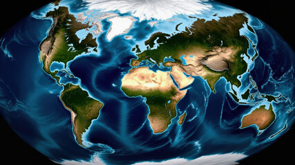 This representation of Earth displays a vibrant view of continents and oceans, emphasizing landforms and water bodies. The imagery highlights the geographical diversity of the planet