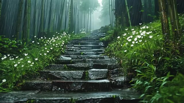 Wet stone steps in a lush, rainy bamboo forest