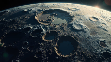 A striking view of the moon's surface reveals prominent craters and rugged terrain illuminated by sunlight with distant stars visible. This scene captures the vastness of space and lunar features