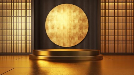 3D Gold podium with gold stage product display. Minimal scene for mockup products, stage showcase, promotion display, 3D render.