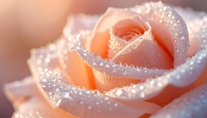 Fototapeta premium Peach rose covered in water droplets with soft lighting