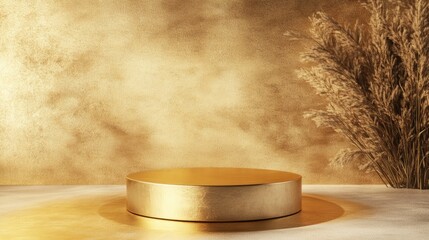 3D Gold podium with gold stage product display. Minimal scene for mockup products, stage showcase, promotion display, 3D render.