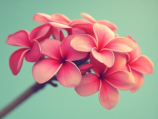Close up of beautiful pink frangipani flowers and light blue background