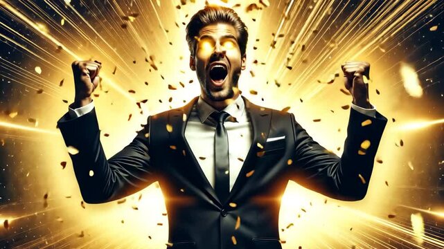 Ecstatic Businessman Celebrating Victory Amid Golden Confetti Burst