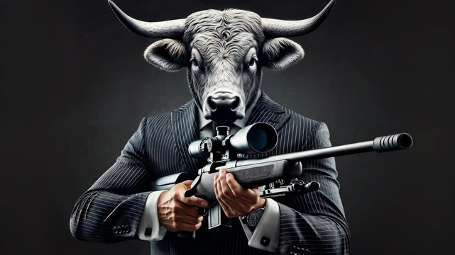 Anthropomorphic Bull in Suit Aiming Sniper Rifle on Dark Background