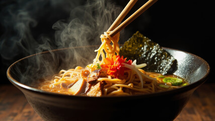 Chopsticks lift noodles from a steaming bowl of ramen, showcasing fresh vegetables and seaweed. The dark backdrop enhances the rich colors and enticing aromas of the dish