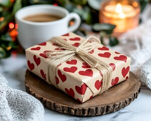 A beautifully wrapped present next to a cup and candle
