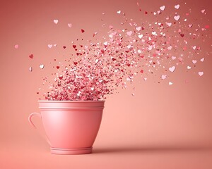 A pink cup overflows with numerous heart shaped confetti