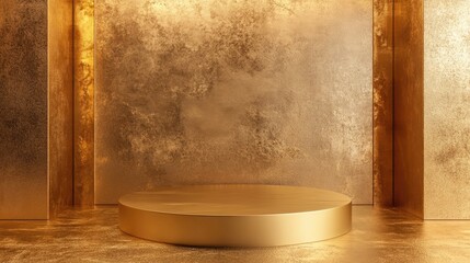3D Gold podium with gold stage product display. Minimal scene for mockup products, stage showcase, promotion display, 3D render.