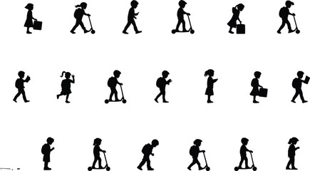 Silhouette Icons of Children Walking and Scooting: Various Modes of Movement for Kids Design