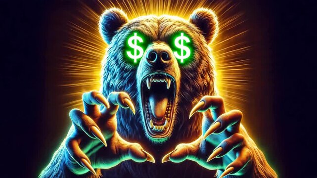 Snarling Bear with Glowing Dollar-Sign Eyes in Neon Animation